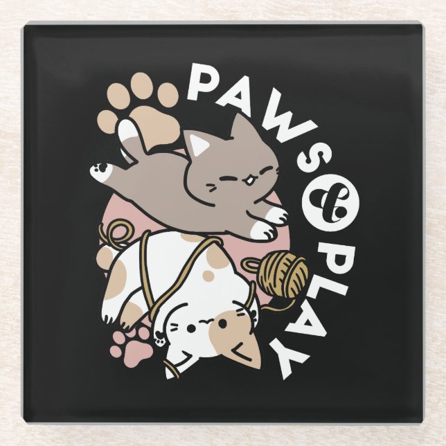 Cute Playful Cats Design – Fun Paws and Play Art Glass Coaster (Front)