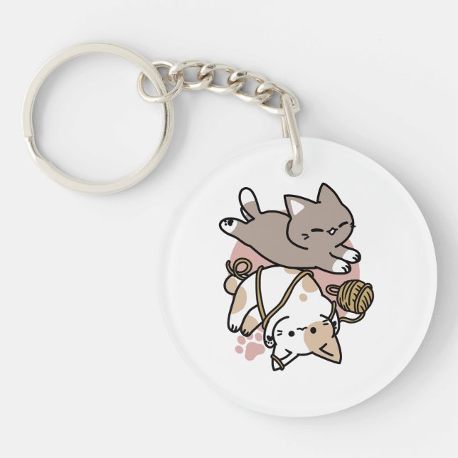 Cute Playful Cats Design – Fun Paws and Play Art Key Ring (Front)