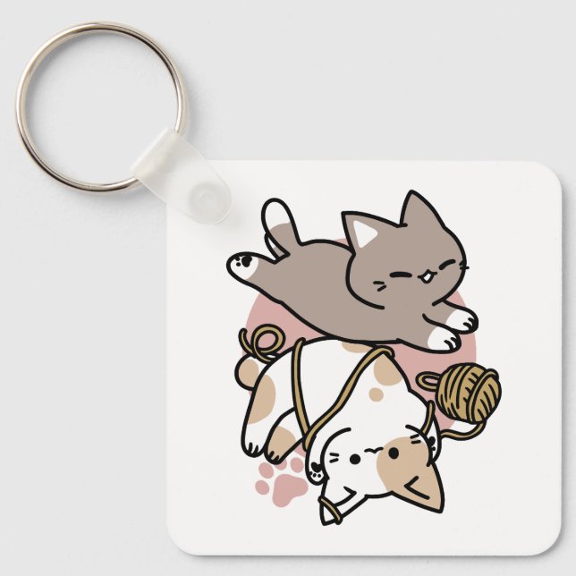 Cute Playful Cats Design – Fun Paws and Play Art Key Ring (Front)