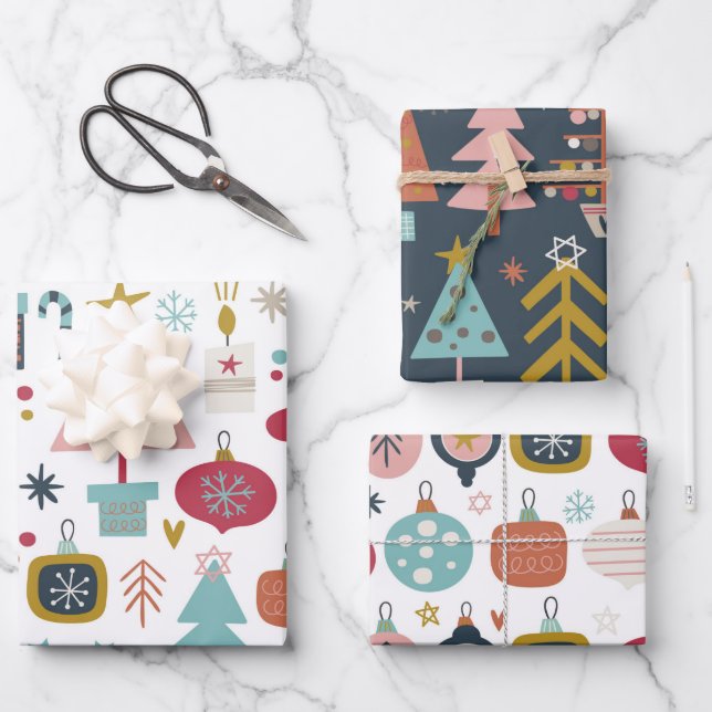Cute Playful Christmas Theme Red and Blue Pattern Wrapping Paper Sheet (Front)