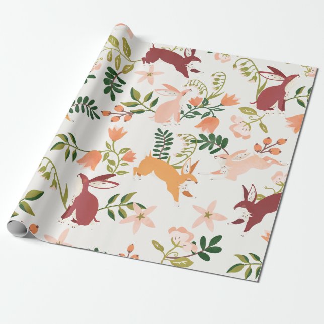 Cute, Playful & Colourful Bunny Rabbit Pattern Wrapping Paper (Unrolled)