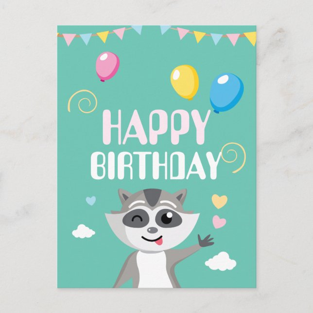 Cute playful funny racoon with balloons postcard (Front)