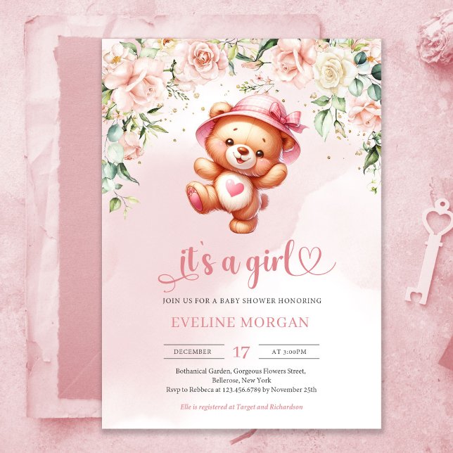 Cute playful girl teddy bear in floral baby shower invitation (Cute playful teddy bear girl baby shower invitation with heart shaped font)