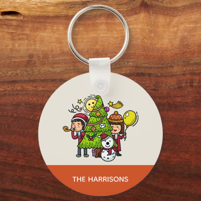 Cute Playful Hand Drawn Holiday Party Christmas  Key Ring (Back)
