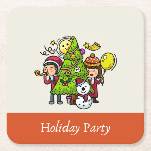 Cute Playful Hand Drawn Holiday Party Christmas  Square Paper Coaster