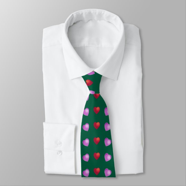 Cute Playful Hearts on DARK GREEN Tie (Tied)