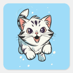 Cute Playful Kitten Cartoon Art Square Sticker