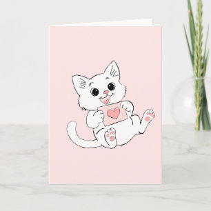 Cute Playful Kitten Holding Valentine Heart Card