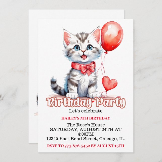 Cute Playful Kitty Cat Birthday Party Invitation (Front/Back)
