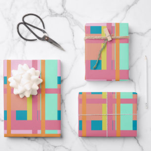 Cute Playful Plaid Geometric Lines in Blue Wrapping Paper Sheet