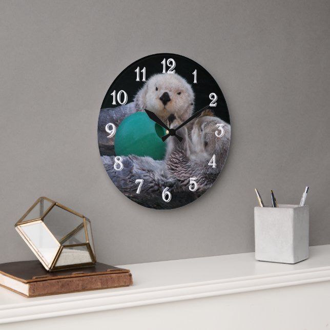 Cute Playful Sea Otters Large Clock (Office)