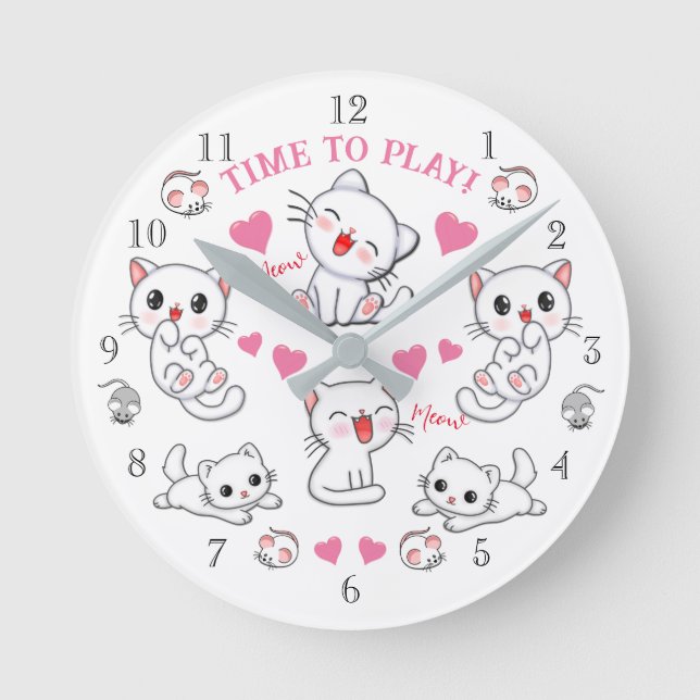Cute Playful White Kittens Time to Play Round Cl Clock (Front)