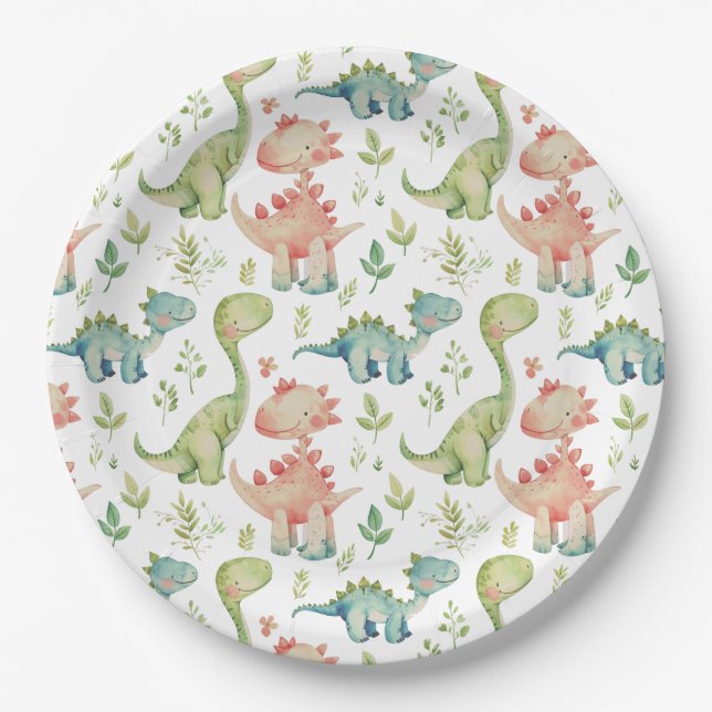 Cute playing dinosaurs kids  birthday paper plate (Front)