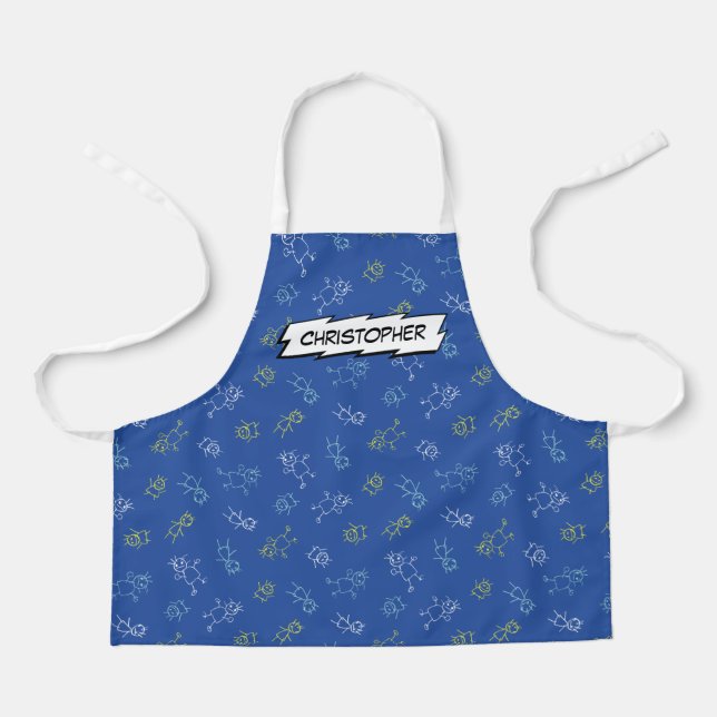 Cute playing kids pattern blue personalised name  apron (Front)