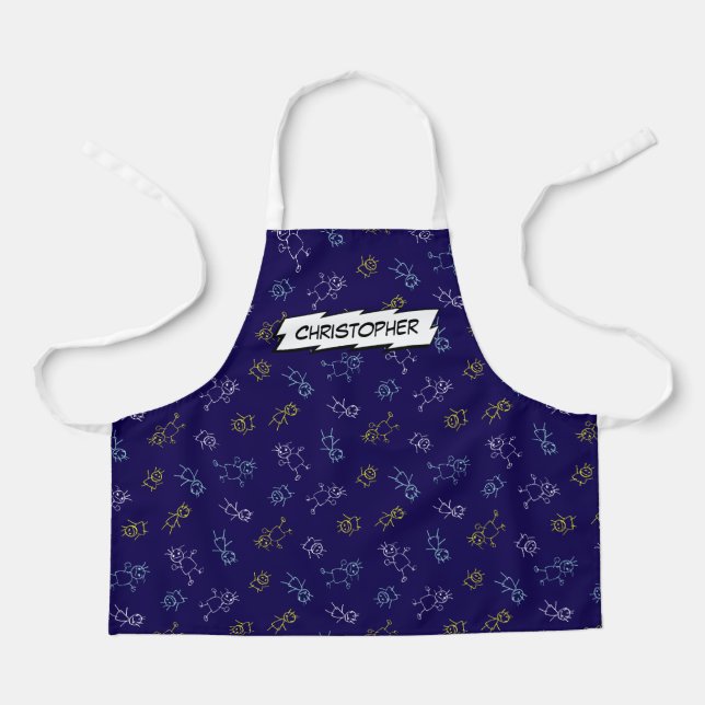 Cute playing kids pattern navy blue custom name  apron (Front)