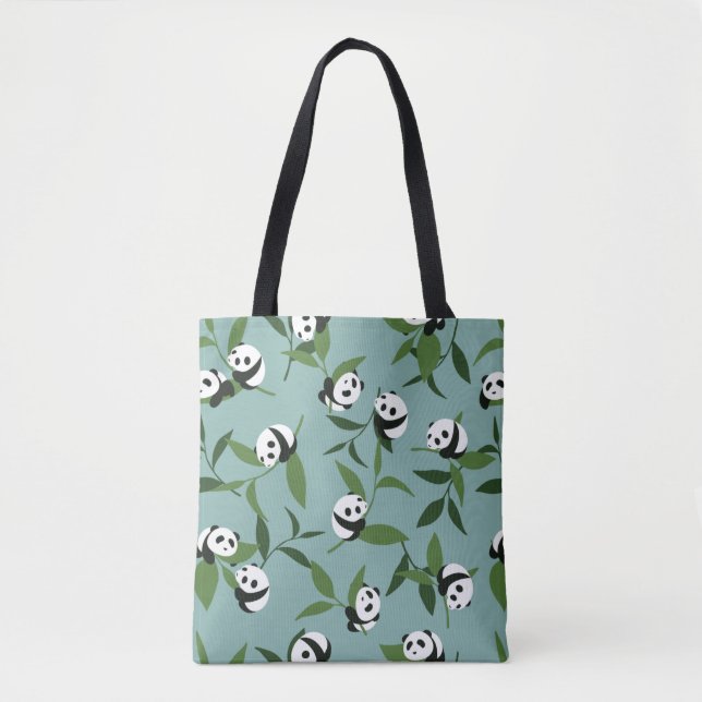 Cute Playing Panda in Green Garden Pattern Tote Bag (Front)