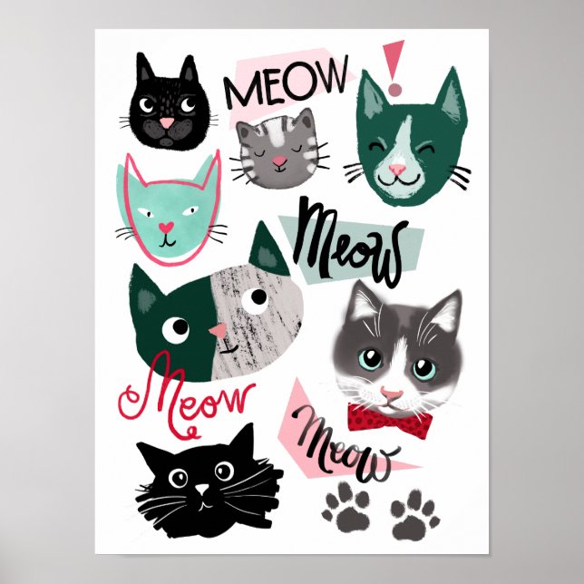 Cute playroom fun cat faces kids room poster (Front)