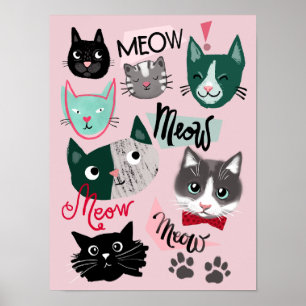 Cute playroom fun cat faces kids room poster pink