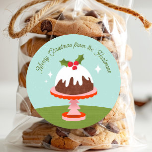 Cute Plum Pudding Retro Christmas Cake Name Classic Round Sticker