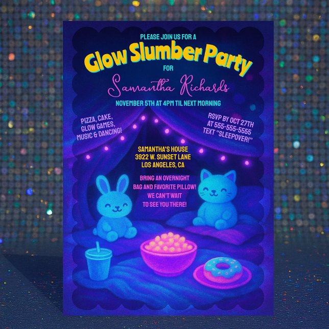 Cute Plush Glow Neon Slumber Birthday Party Invitation (Cute Plush Glow Neon Slumber Birthday Party Invitation)