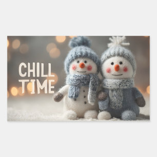 Cute Plush Snowman Dolls with Knit Hats Rectangular Sticker