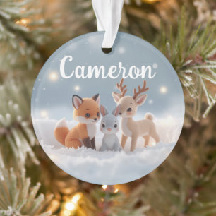 Cute Plush Winter Woodland Animals Custom Name Ornament