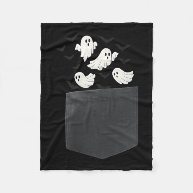 Cute Pocket Ghosts with Flying Bats Halloween Fleece Blanket (Front)