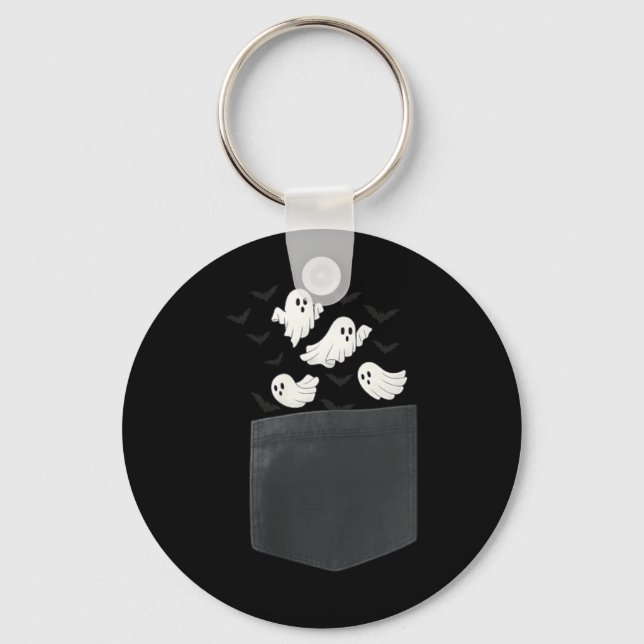 Cute Pocket Ghosts with Flying Bats Halloween Key Ring (Front)