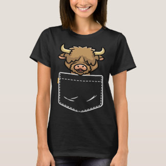 Cute Pocket Scottish Highland Cow Farm Girl Countr T-Shirt