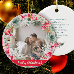 Cute Poetry Poinsettia Red Green Wreath Christmas Ceramic Tree Decoration