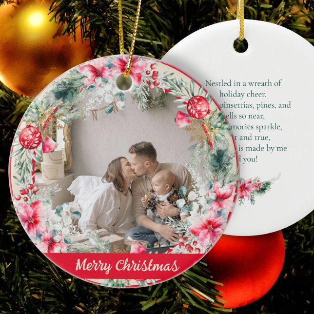 Cute Poetry Poinsettia Red Green Wreath Christmas Ceramic Tree Decoration (Creator Uploaded)