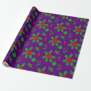 Cute Poinsettias, Hollies and Mistletoes in Purple Wrapping Paper