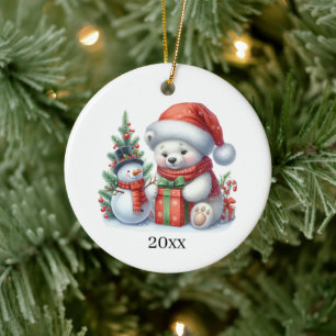 Cute polar bear add date and message Christmas Ceramic Tree Decoration