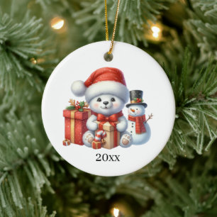 Cute polar bear add date and message Christmas  Ceramic Tree Decoration