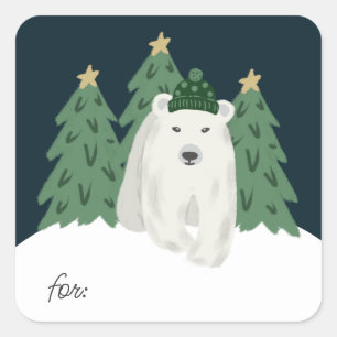 Cute Polar Bear and Christmas Trees Gift Square Sticker
