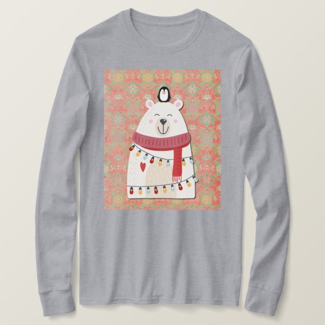 Cute Polar Bear and Penguin Christmas Holiday T-Shirt (Design Front)
