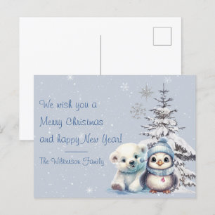 Cute Polar Bear and Penguin North Pole Christmas Postcard