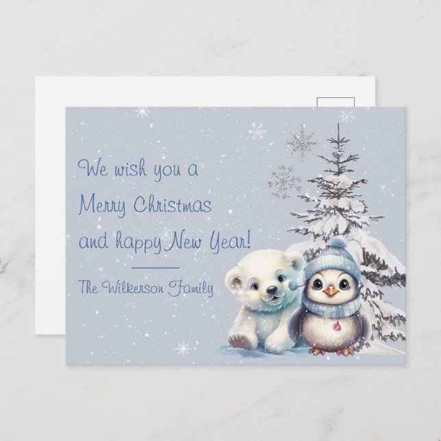 Cute Polar Bear and Penguin North Pole Christmas Postcard (Front/Back)