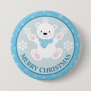 Cute Polar Bear and Snowflakes Blue Christmas 7.5 Cm Round Badge