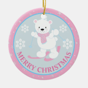 Cute Polar Bear and Snowflakes Pink Christmas Ceramic Tree Decoration