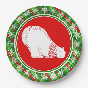 Cute Polar Bear Animal Christmas Green Red Plaid Paper Plate
