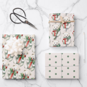 Cute Polar Bear Animal Watercolor Green & White Wrapping Paper Sheet