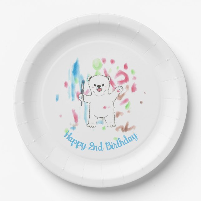Cute Polar Bear Art Birthday Party Paper Plate (Front)