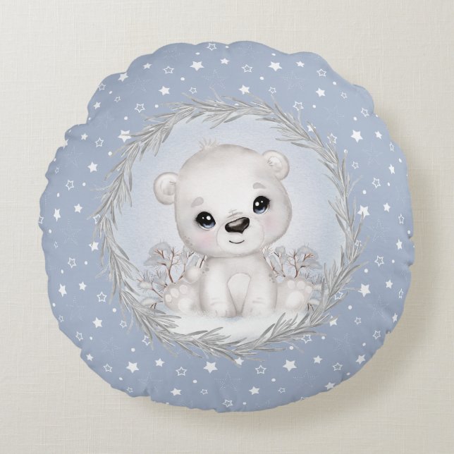 Cute Polar Bear Baby Boy Blue Round Pillow (Front)