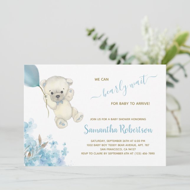 Cute Polar Bear Blue Balloon Boy Baby Shower  Invitation (Standing Front)