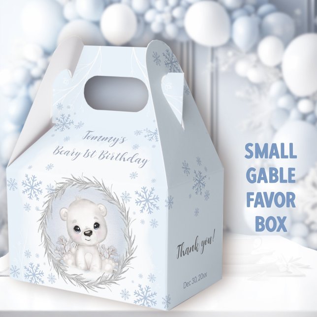 Cute Polar Bear Boy Winter Blue 1st Birthday Favour Box (Blue Polar Bear Small Gable Favor Boxes - You can choose from 3 sizes of these gable favor boxes )