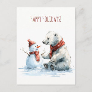 Cute polar bear build a snowman, Christmas Postcard