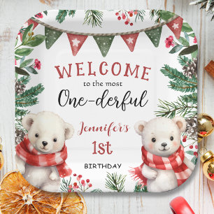 Cute Polar Bear Christmas 1st Birthday Paper Plate