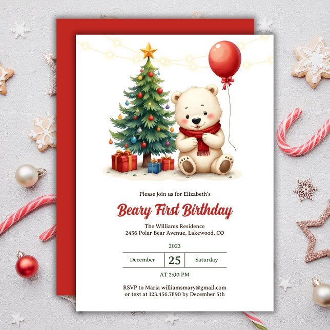 Cute Polar Bear Christmas Beary 1st Birthday Invitation (Cute Watercolor Polar Bear Christmas Beary 1st Birthday Invitation)