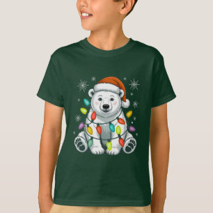 Cute Polar Bear Christmas Lights Santa Hat T-Shirt